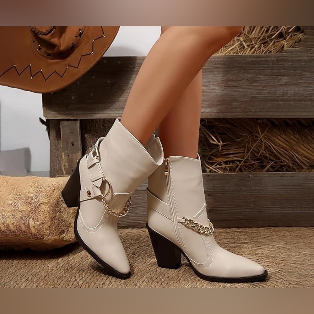 Faux leather Beige Ankle Boots with Gold Chain - Picture 4 of 4